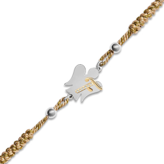 Bracciale Giannotti in corda beige con angelo e lettera F REGOLABILE