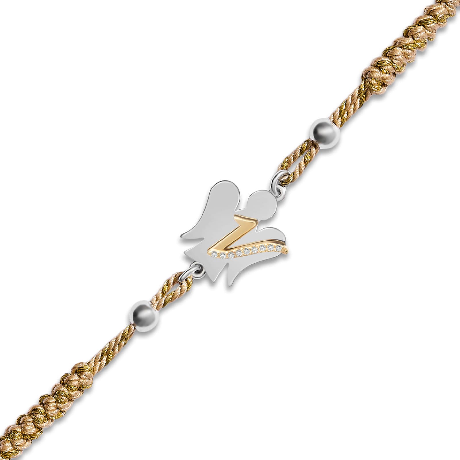 Bracciale Giannotti in corda beige con angelo e lettera V REGOLABILE