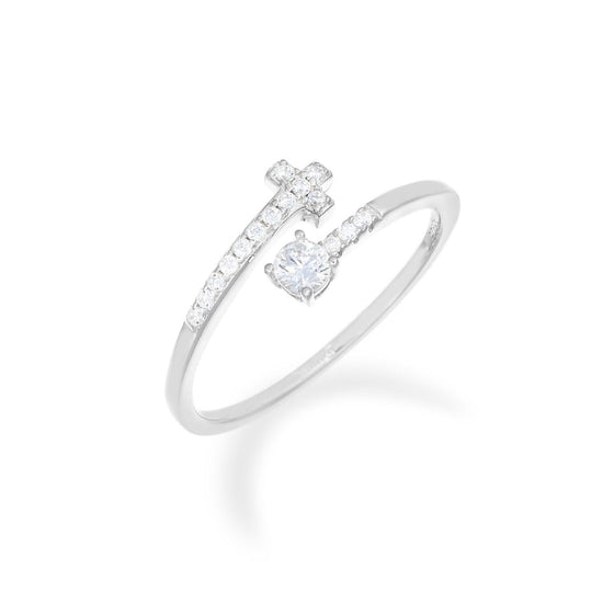 Anello aperto donna Amen Sacro in argento con croce e zirconi bianchi RPCBBZ-1