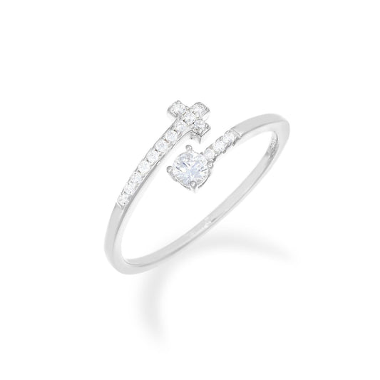 Anello aperto donna Amen Sacro in argento con croce e zirconi bianchi RPCBBZ-1