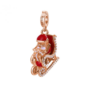 Charm della collezione Rosato Storie da donna in argento 925 rosé a forma di babbo natale con slitta smaltata di rosso e zirconi RZLE070