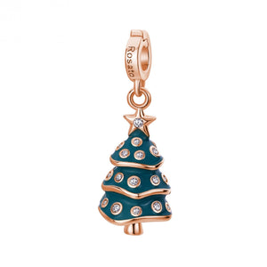 Charm della collezione Rosato Storie da donna in argento 925 rosé a forma di albero di natale smaltato di verde con zirconi RZLE073