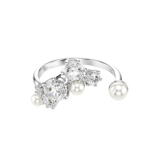 Anello donna aperto Swarovski rodiato con cristallie e perle