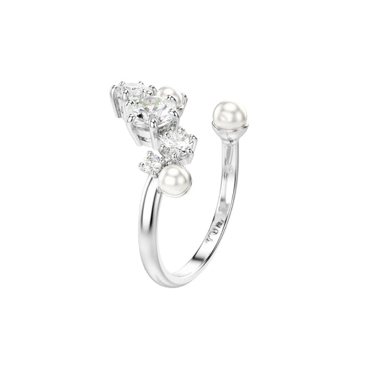 Anello donna aperto Swarovski rodiato con cristallie e perle