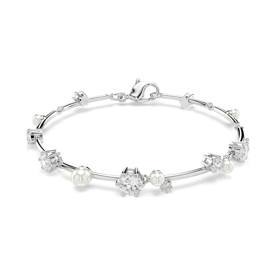 Bracciale rigido donna Swarovski rodiato cristalli e perle Regolabile 17-20 cm