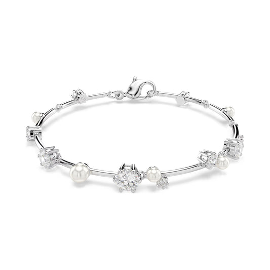 Bracciale rigido donna Swarovski rodiato cristalli e perle Regolabile 17-20 cm