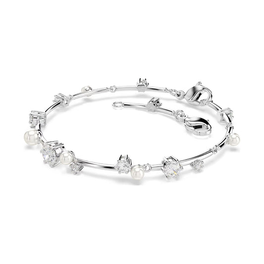 Bracciale rigido donna Swarovski rodiato cristalli e perle Regolabile 17-20 cm
