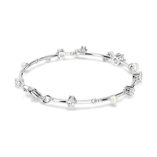 Bracciale rigido donna Swarovski rodiato cristalli e perle Regolabile 17-20 cm