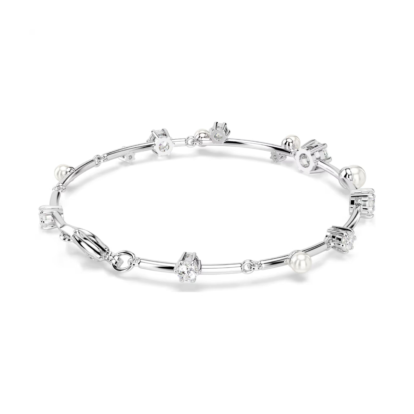 Bracciale rigido donna Swarovski rodiato cristalli e perle Regolabile 17-20 cm