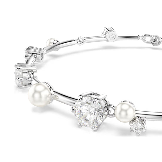 Bracciale rigido donna Swarovski rodiato cristalli e perle Regolabile 17-20 cm