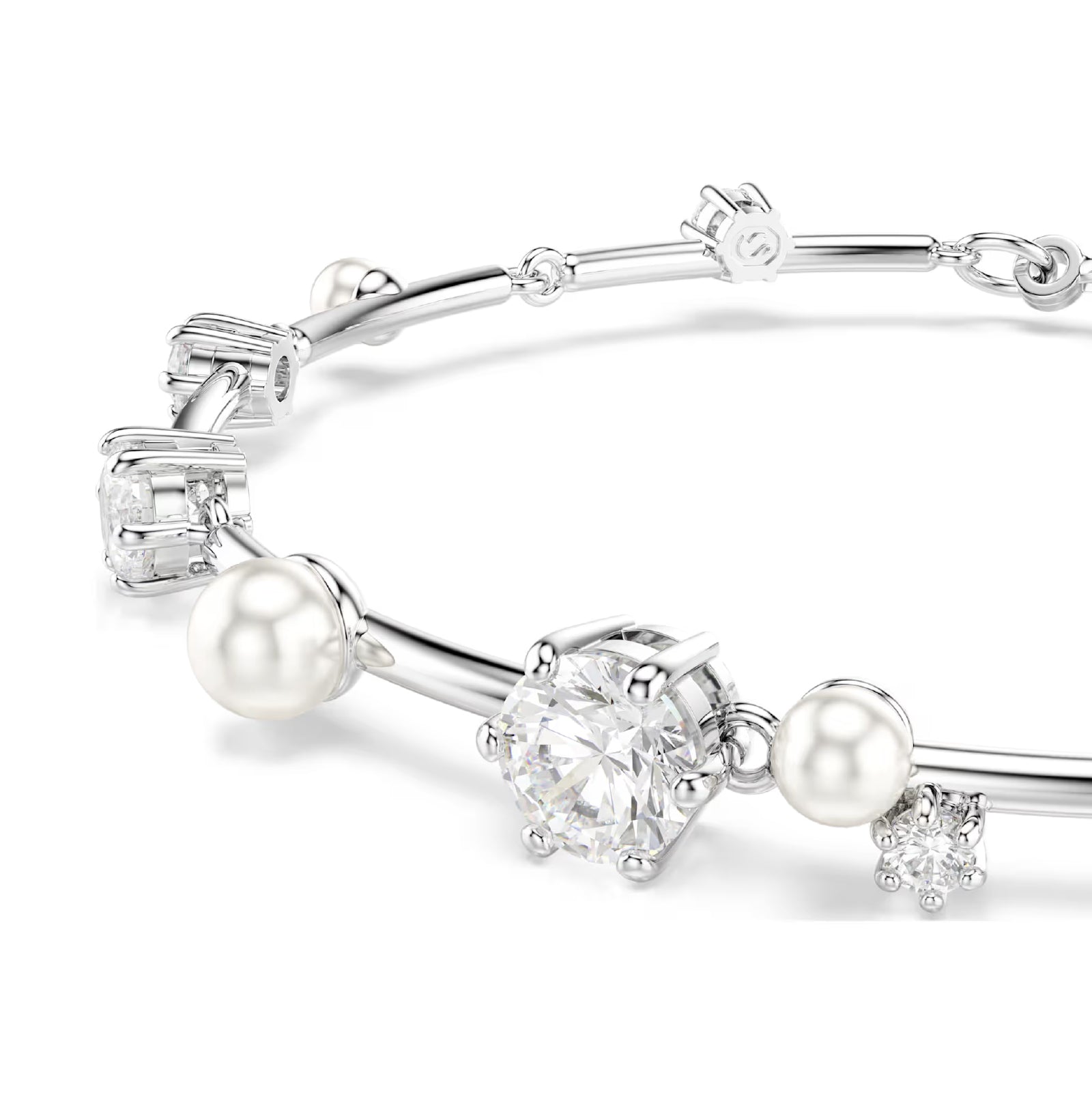 Bracciale rigido donna Swarovski rodiato cristalli e perle Regolabile 17-20 cm