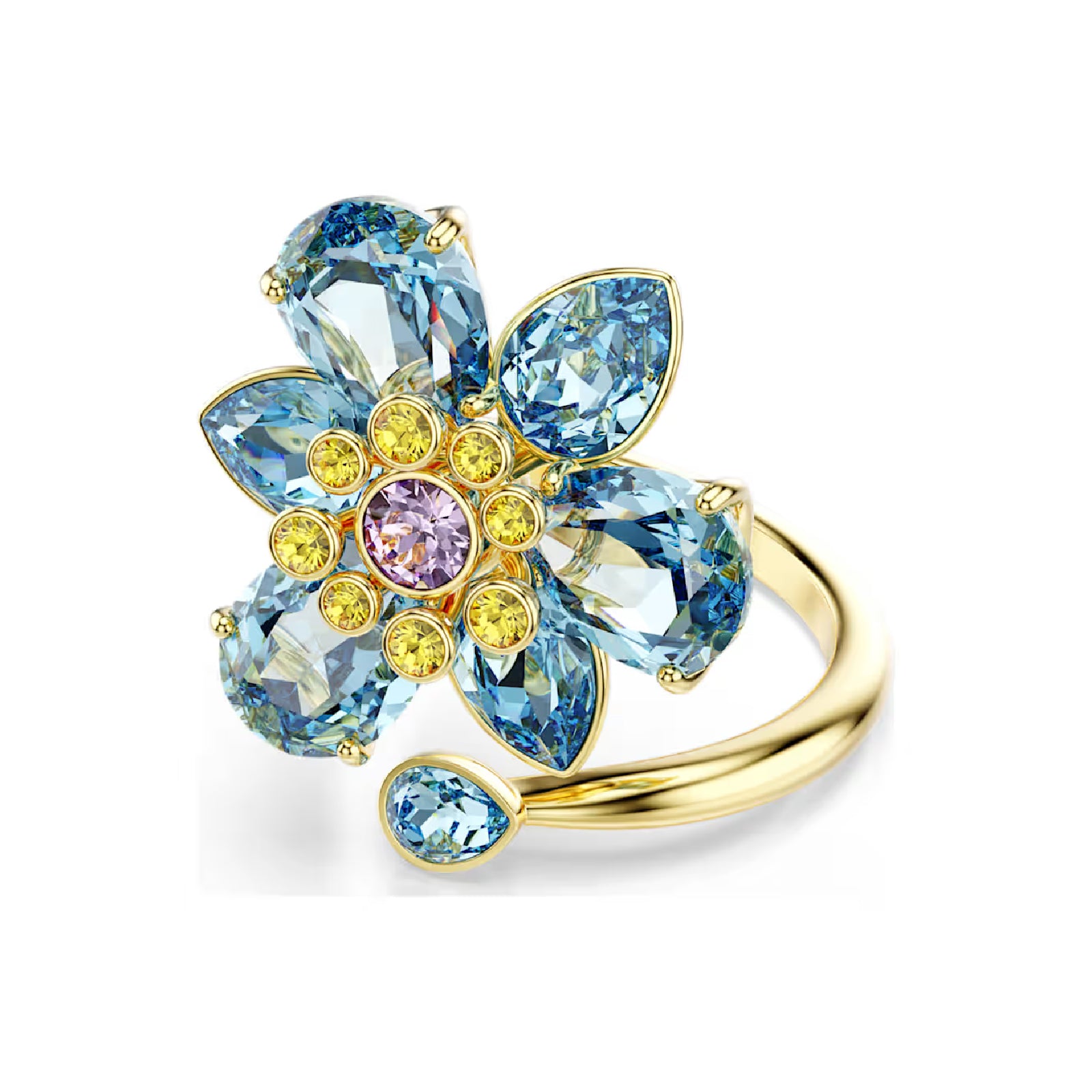 Anello Swarovski dorato con design a fiore con cristalli azzurri