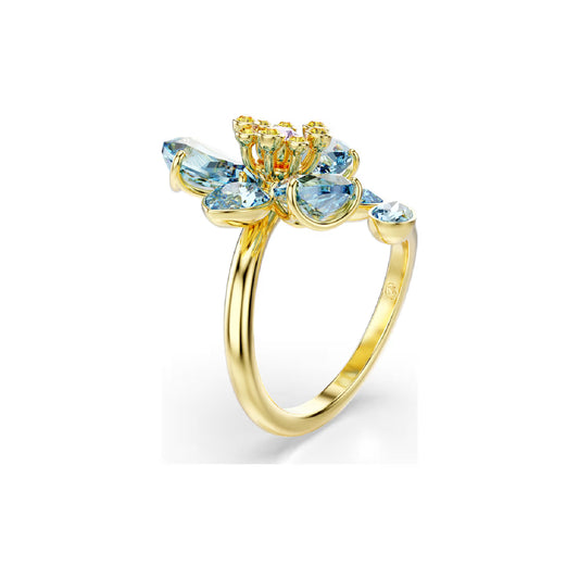 Anello Swarovski dorato con design a fiore con cristalli azzurri