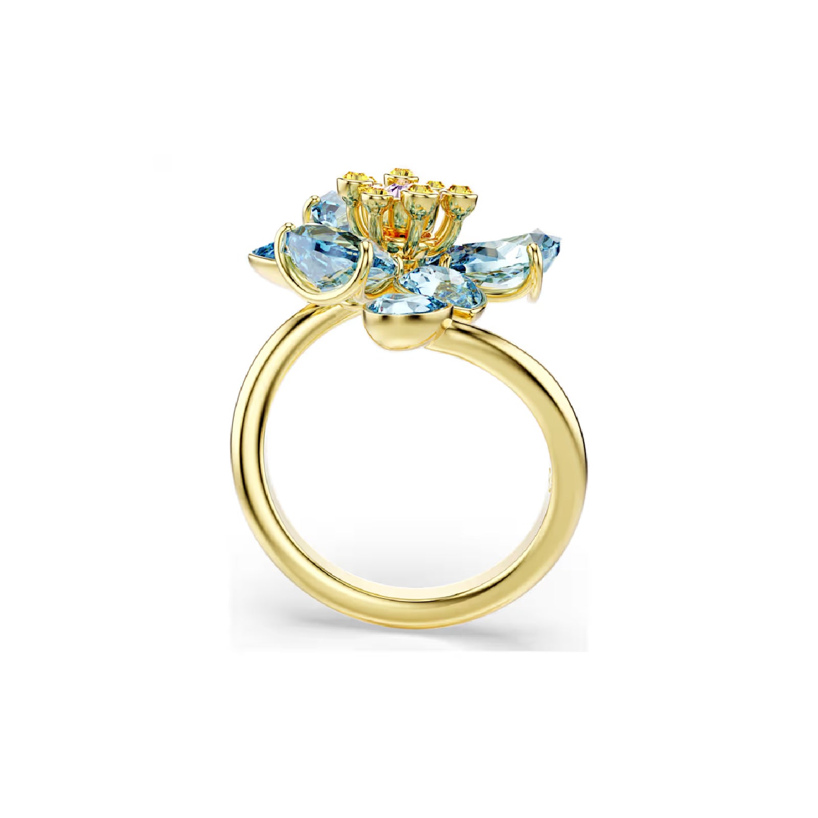 Anello Swarovski dorato con design a fiore con cristalli azzurri