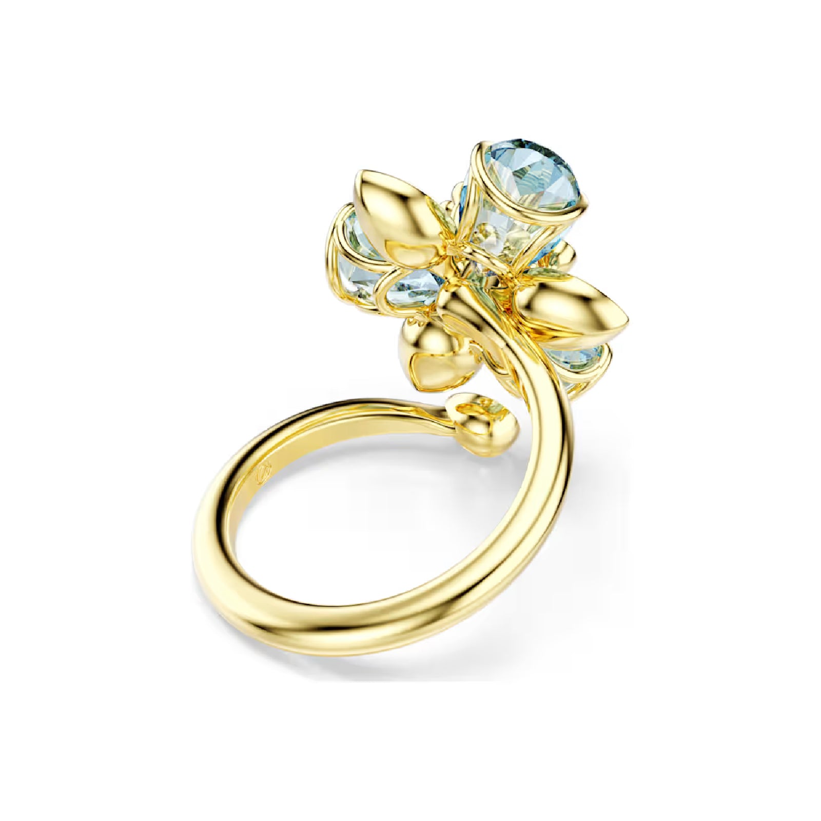 Anello Swarovski dorato con design a fiore con cristalli azzurri
