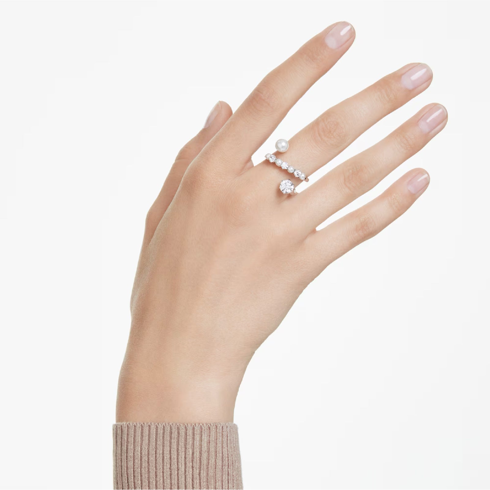 Anello donna Swarovski rodiato con cristalli bianchi e perle 12