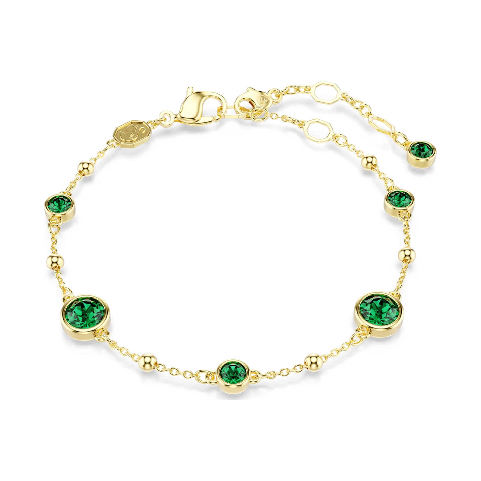 Bracciale catena Swarovski rodiato cristalli verdi e sfere Regolabile 16,5-20,5 cm