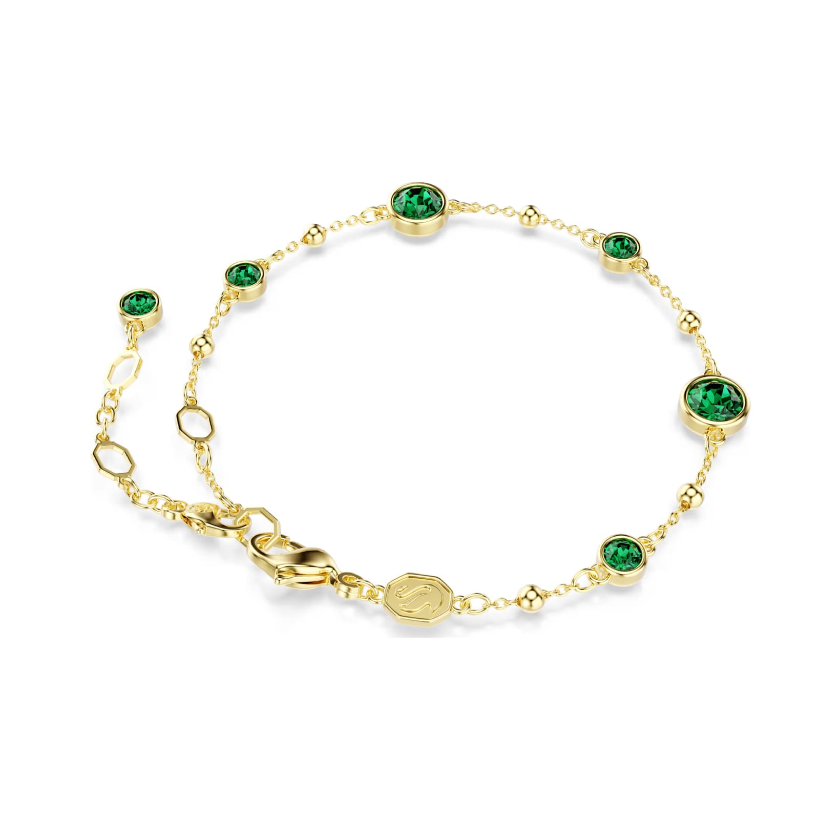 Bracciale catena Swarovski rodiato cristalli verdi e sfere Regolabile 16,5-20,5 cm