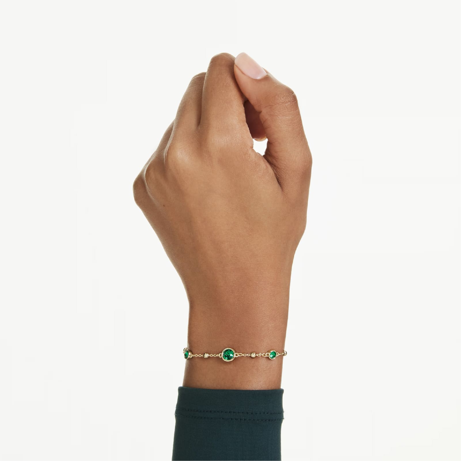Bracciale catena Swarovski rodiato cristalli verdi e sfere Regolabile 16,5-20,5 cm