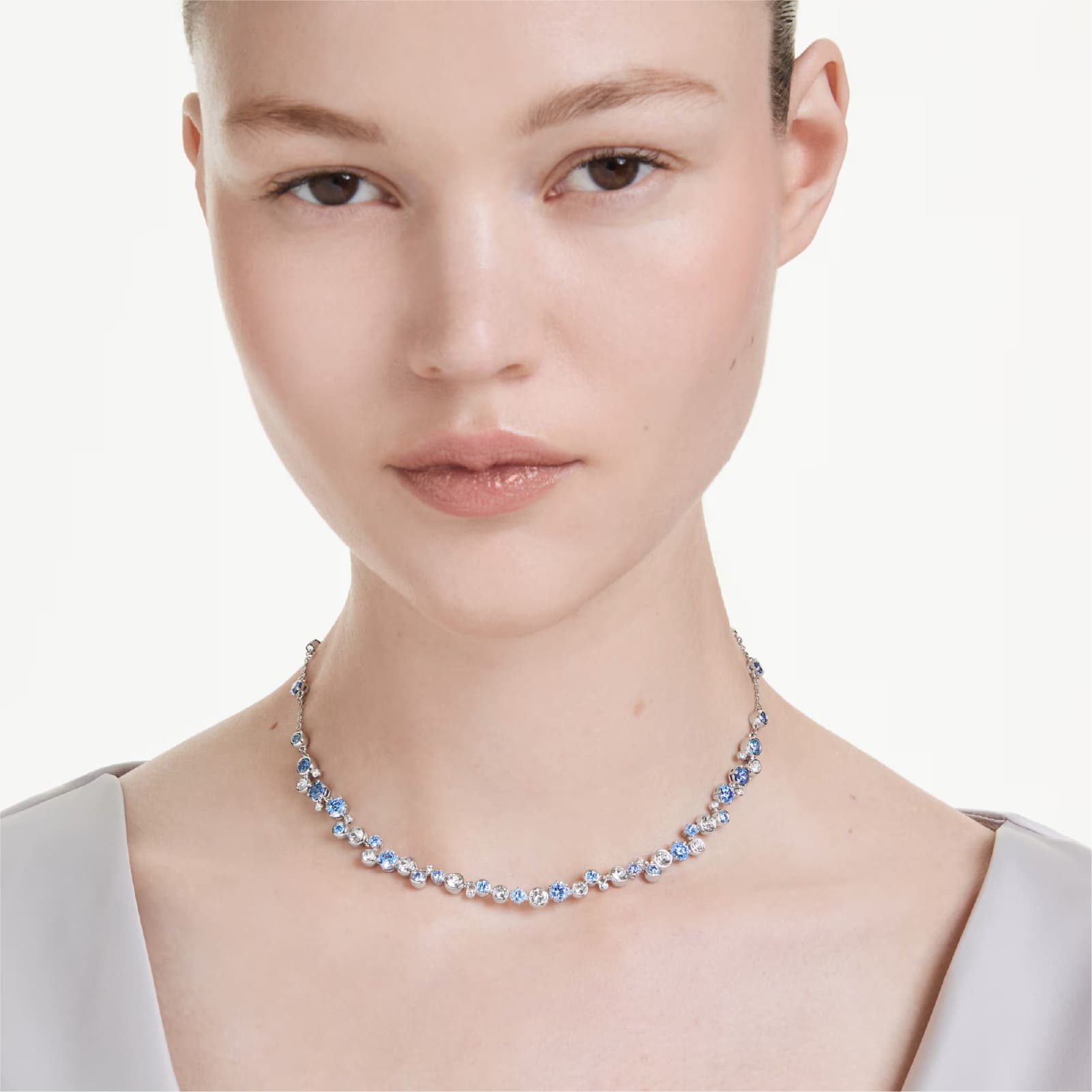 Collana girocollo Swarovski rodiato cristalli bianchi e blu MISURA UNICA