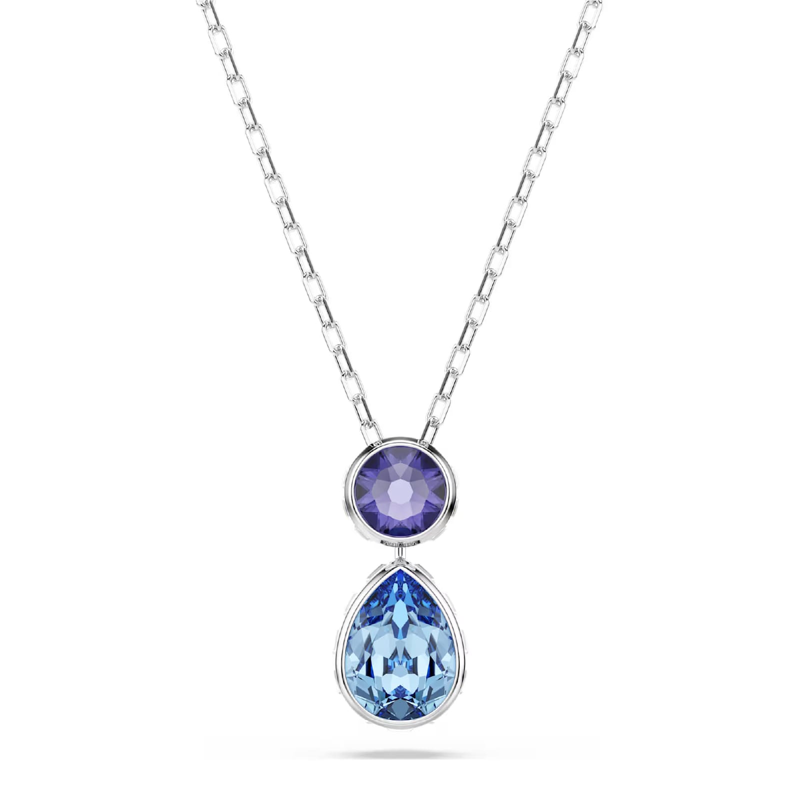 Collana Swarovski rodiata con cristalli pendenti blu e viola MISURA UNICA