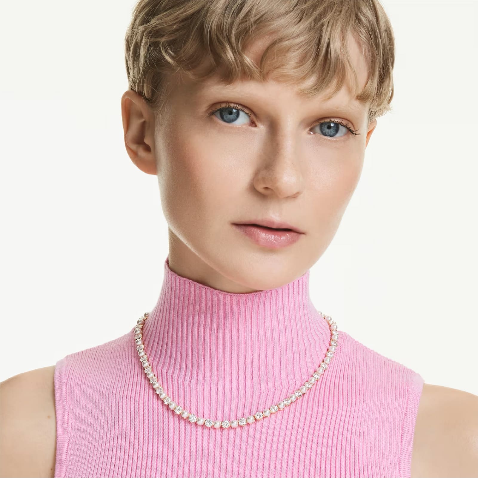 Collana tennis Swarovski dorata con cristalli e perle alternate MISURA UNICA