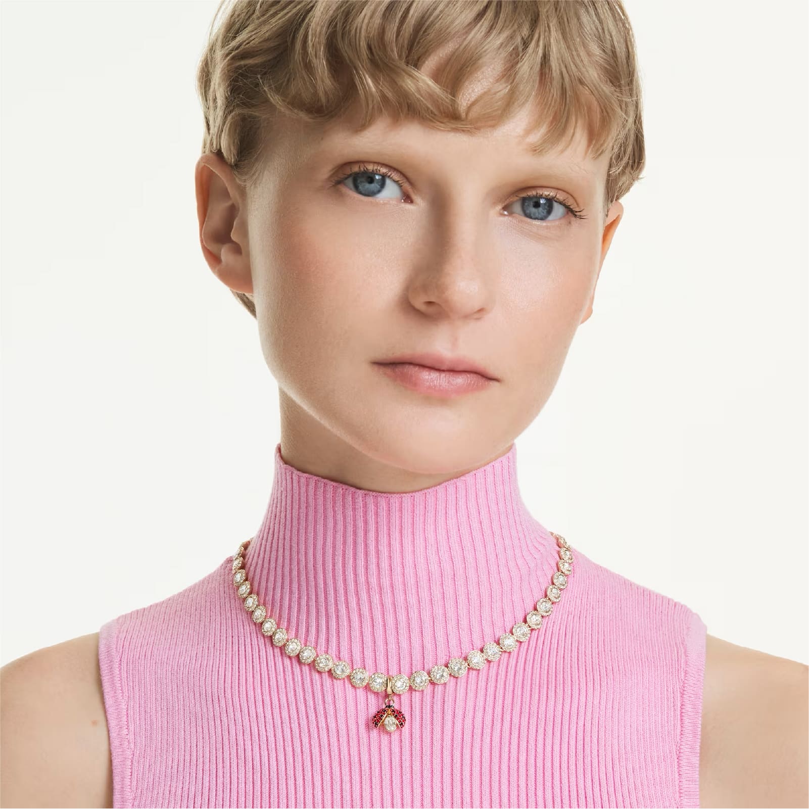 Charm Swarovski coccinella dorato con cristalli rossi e neri MISURA UNICA