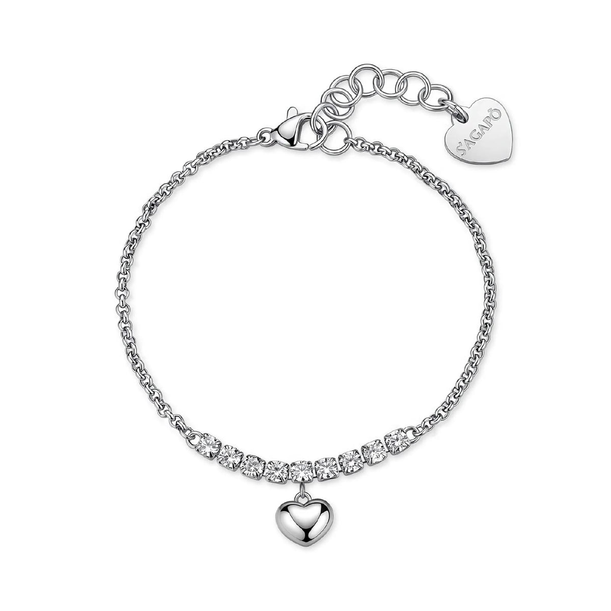 Bracciale S'Agapò Aurora in acciaio e tennis cristalli cuore 18 donna
