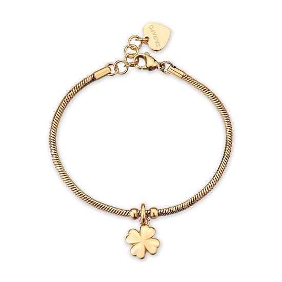 Bracciale S'agapõ in acciaio oro quadrifoglio pendente 18,5 cm