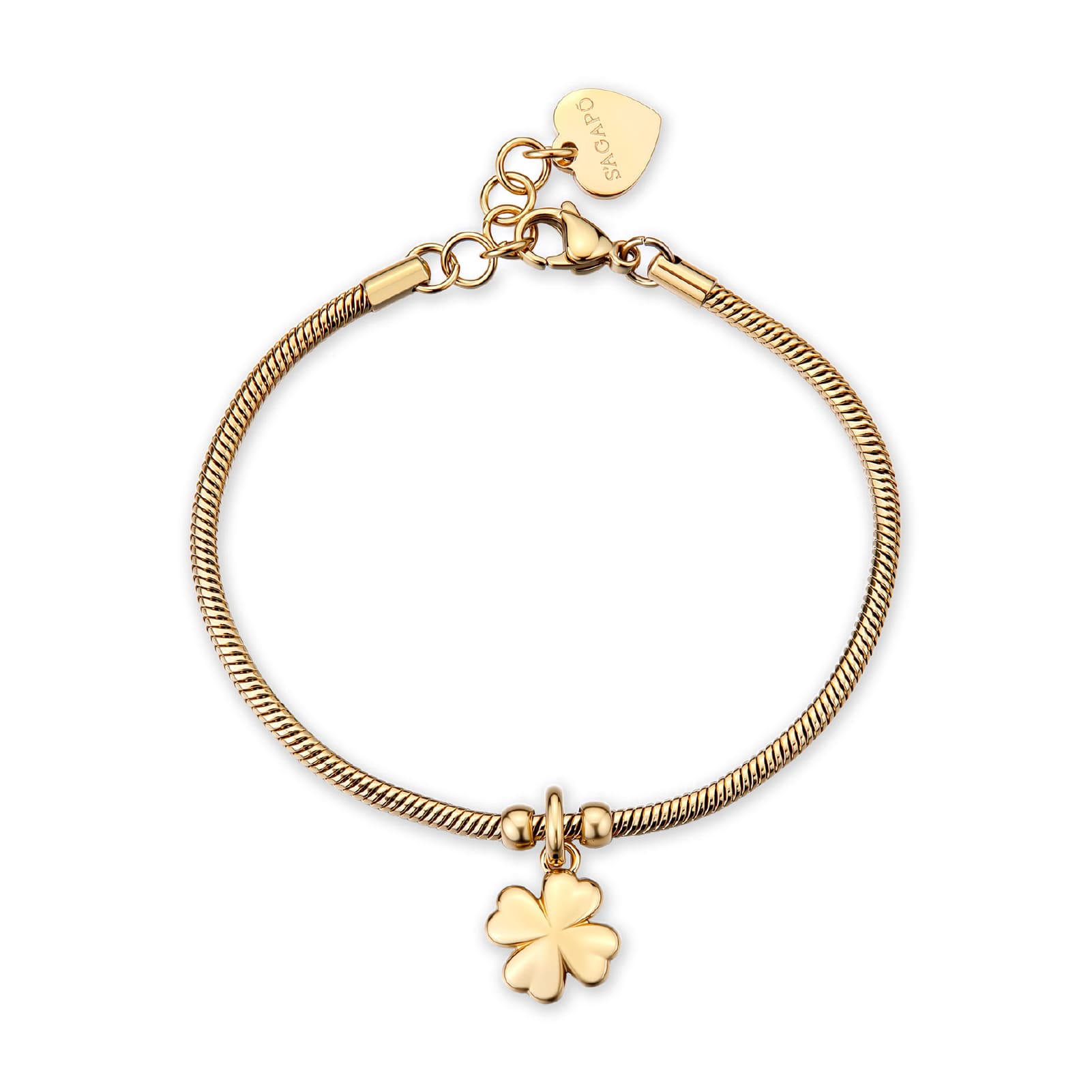 Bracciale S'agapõ in acciaio oro quadrifoglio pendente 18,5 cm