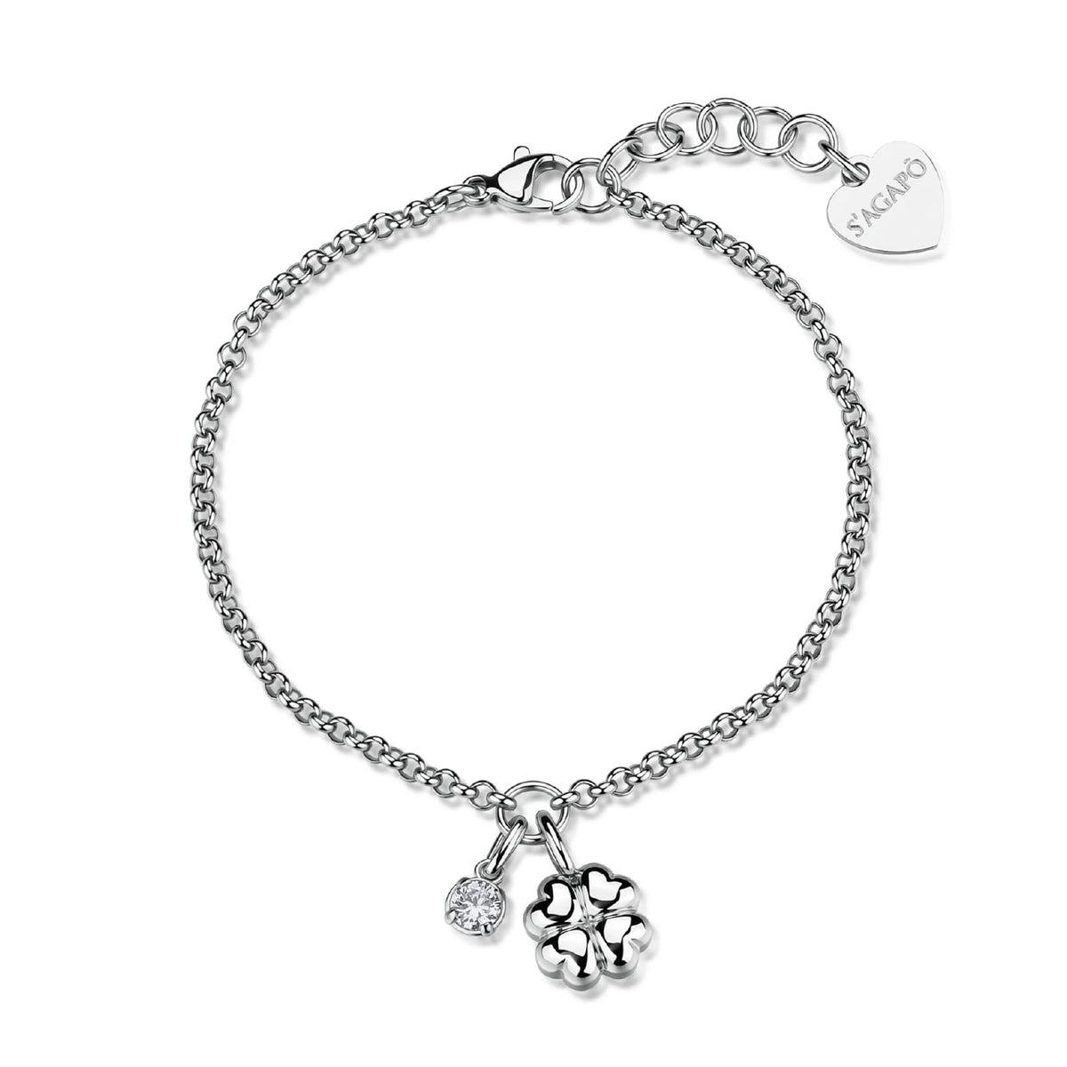 Bracciale catena S'Agapò Click acciaio e zircone quadrifoglio 18,5 cm