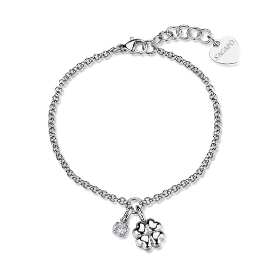 Bracciale catena S'Agapò Click acciaio e zircone quadrifoglio 18,5 cm