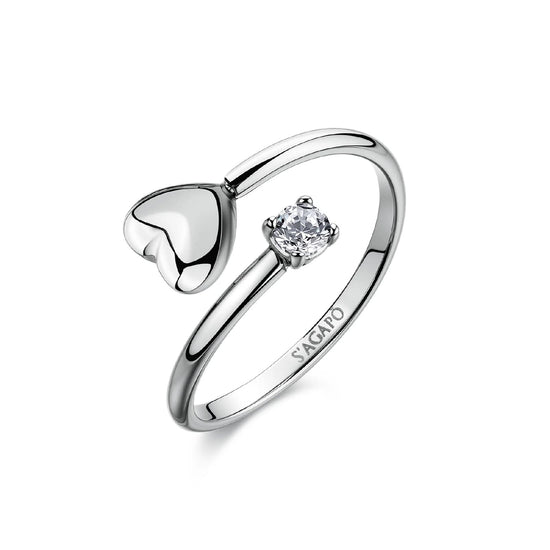 Anello aperto S'Agapò Click in acciaio e zircone cuore REGOLABILE