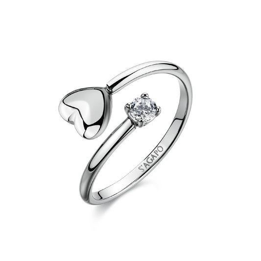 Anello aperto S'Agapò Click in acciaio e zircone cuore REGOLABILE