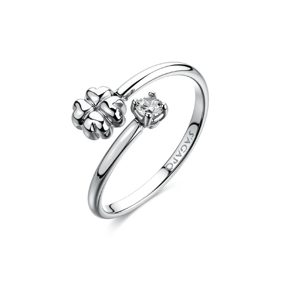 Anello aperto S'Agapò Click in acciaio e zircone quadrifoglio REGOLABILE