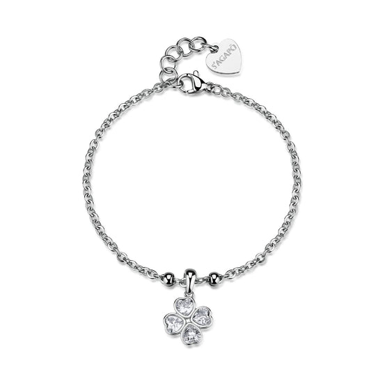 Bracciale catena S'Agapò Feelings acciaio zirconi quadrifoglio 18,5 cm