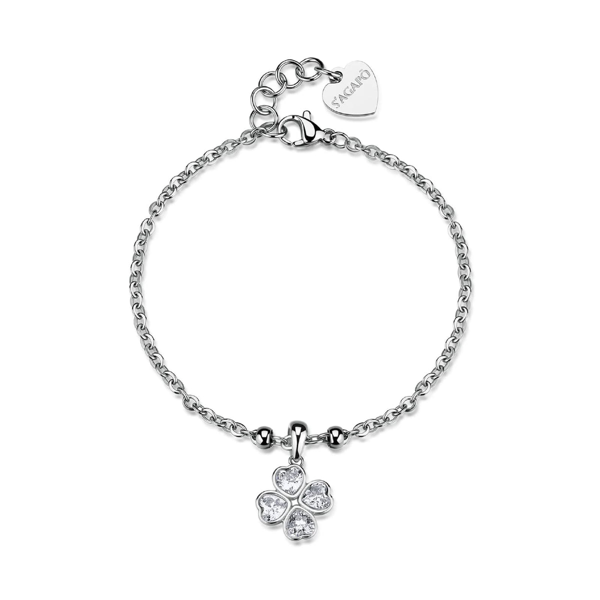 Bracciale catena S'Agapò Feelings acciaio zirconi quadrifoglio 18,5 cm