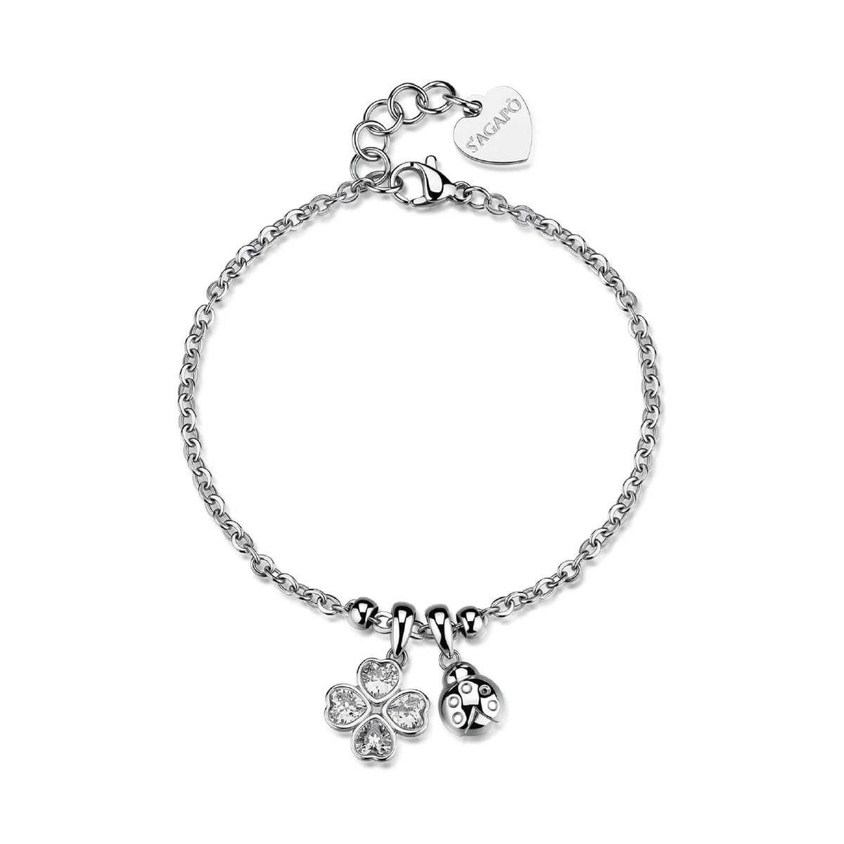 Bracciale catena S'Agapò Feelings acciaio zirconi coccinella 18,5 cm