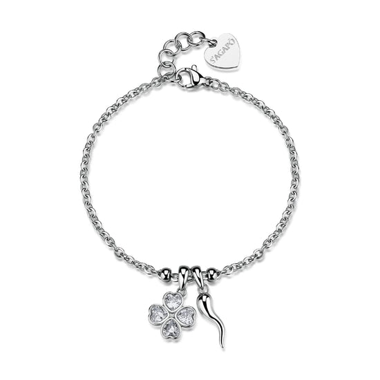 Bracciale S'Agapo Feelings in acciaio quadrifoglio cornetto 18,5 cm