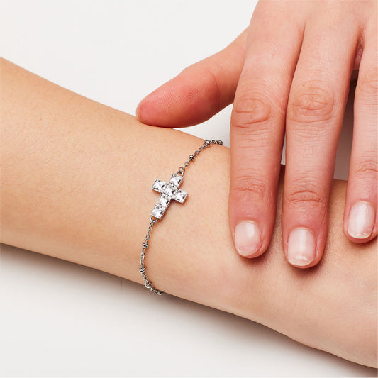 Bracciale catena donna S'agapõ acciaio con croce e cristalli 18,5 cm