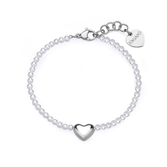 Bracciale catena da donna S'agapõ acciaio con perle e cuore 18,5 cm