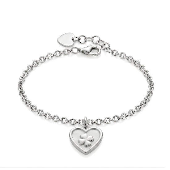 Bracciale S'agapõ in acciaio 316L con cuore e quadrifoglio 18,5 cm