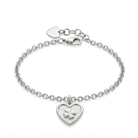 Bracciale S'agapõ in acciaio 316L con cuore e quadrifoglio 18,5 cm
