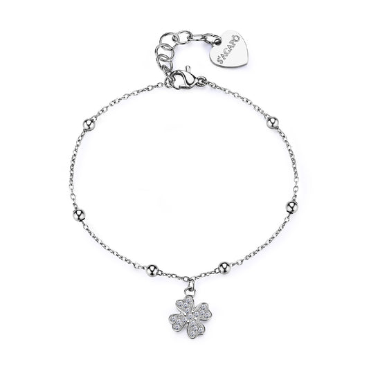 Bracciale catena S'agapõ acciaio con quadrifoglio e cristalli 18,5 cm