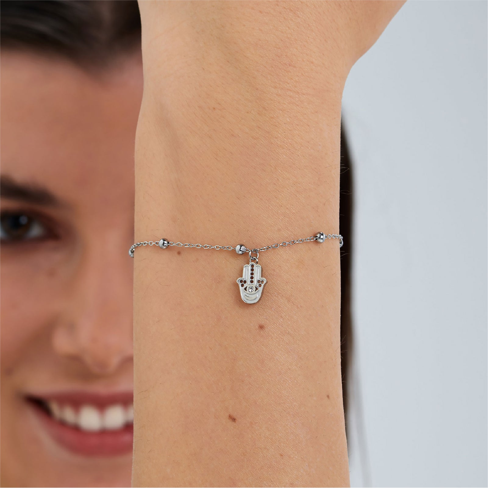 Bracciale catena S'agapõ acciaio mano di fatima e cristallo 18,5 cm