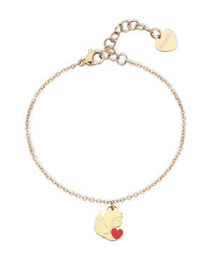 Bracciale catena da donna della collezione S'agapõ Click in acciaio dorato con pendente a forma di angelo e cuore rosso smaltato SCK273