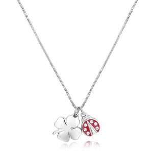 Collana girocollo da donna S'agapõ Feelings in acciaio 316L con pendenti a quadrifoglio e coccinella con smalto rosso e cristalli SFE04