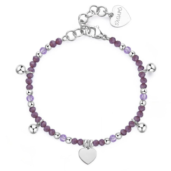 Bracciale con pietre donna S'agapõ Glint in acciaio con sfere viola e cuore SGI11-1