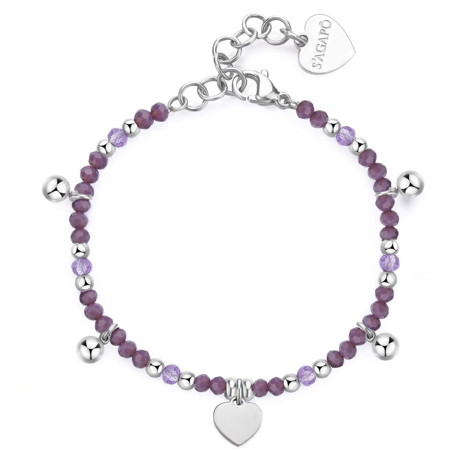 Bracciale con pietre donna S'agapõ Glint in acciaio con sfere viola e cuore SGI11-1