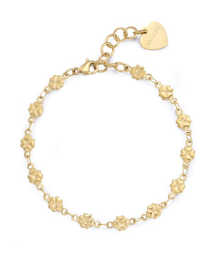 Bracciale catena donna S'agapõ Chunky realizzato in acciaio dorato caratterizzato da catena a quadrifogli con ciondolo a cuore SHK102